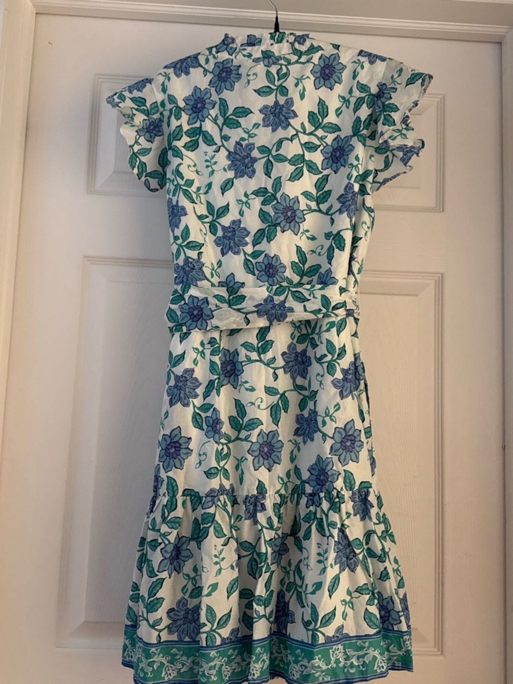 Floral Cotton Midi Dress in White and Blue w/ belt